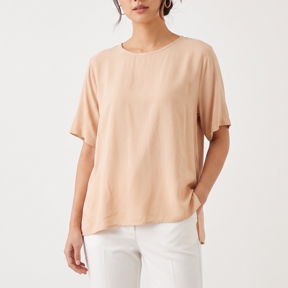 Notations Blouse Womens 2X Taupe Side Slit Short Sleeve Crew Neck NEW